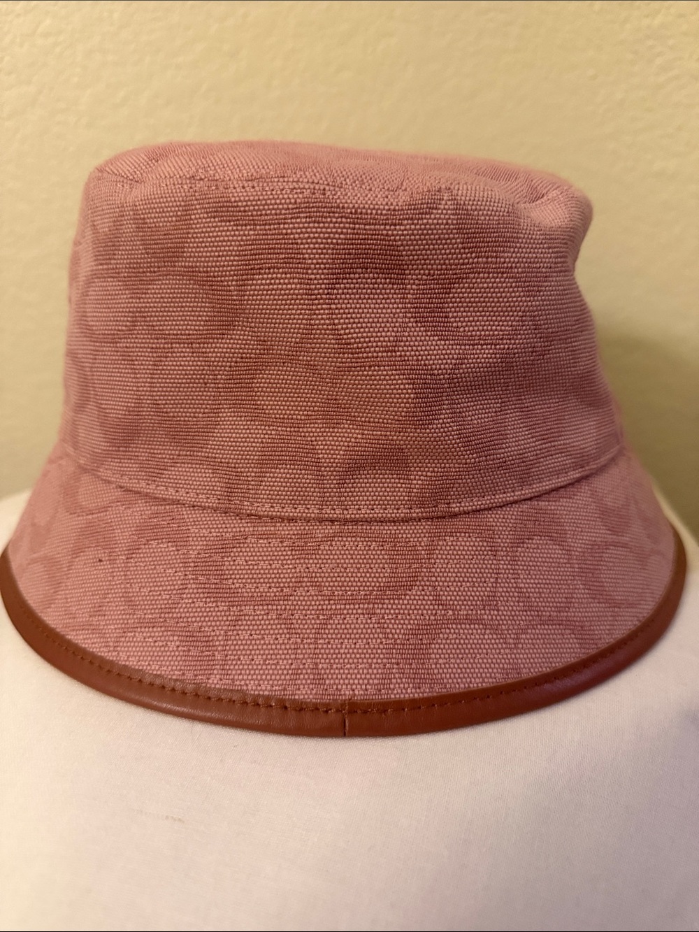 Coach Pink Jacquard Canvas Bucket Hat with Brown Leather Trim